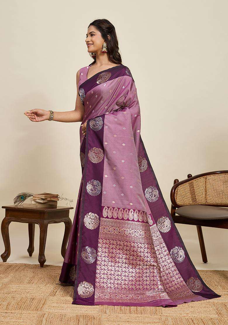 Purple Zari Work Silk Blend Saree Set for Diwali and Festive Wear - Indya