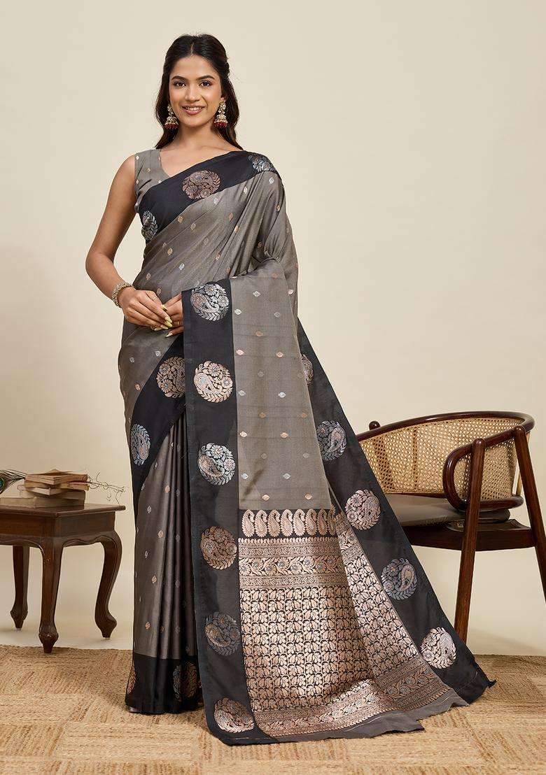 GREY AND BLACK Zari Work Silk Blend Saree Set for Diwali and Festive Wear - Indya