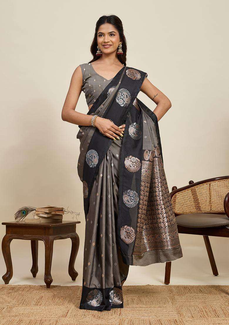 GREY AND BLACK Zari Work Silk Blend Saree Set for Diwali and Festive Wear - Indya