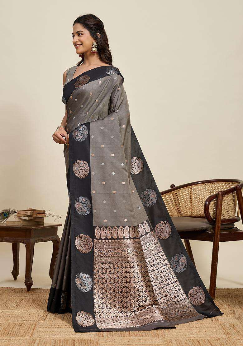 GREY AND BLACK Zari Work Silk Blend Saree Set for Diwali and Festive Wear - Indya