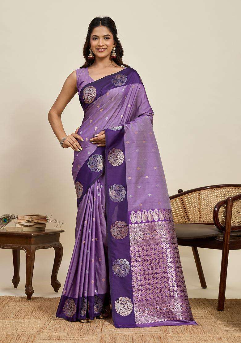 Purple Zari Work Silk Blend Saree Set for Diwali and Festive Wear - Indya