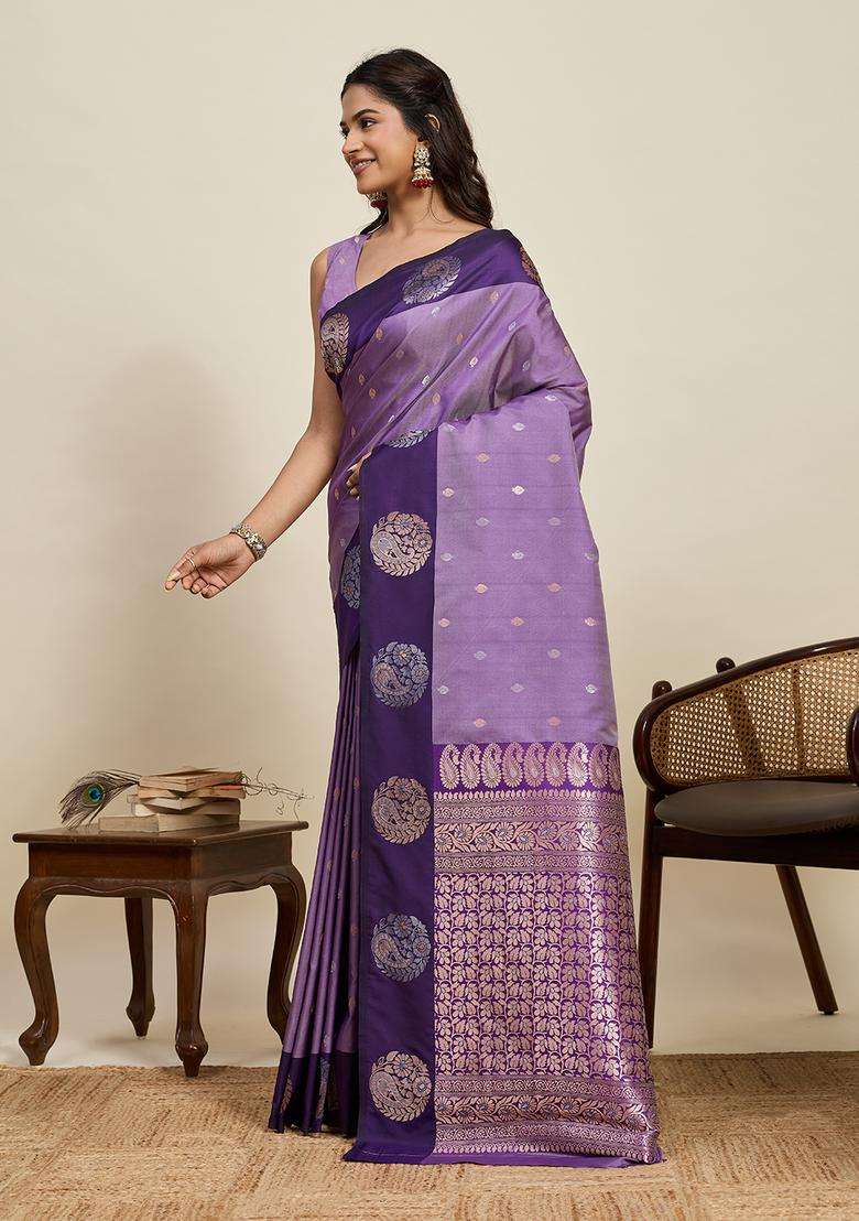 Purple Zari Work Silk Blend Saree Set for Diwali and Festive Wear - Indya