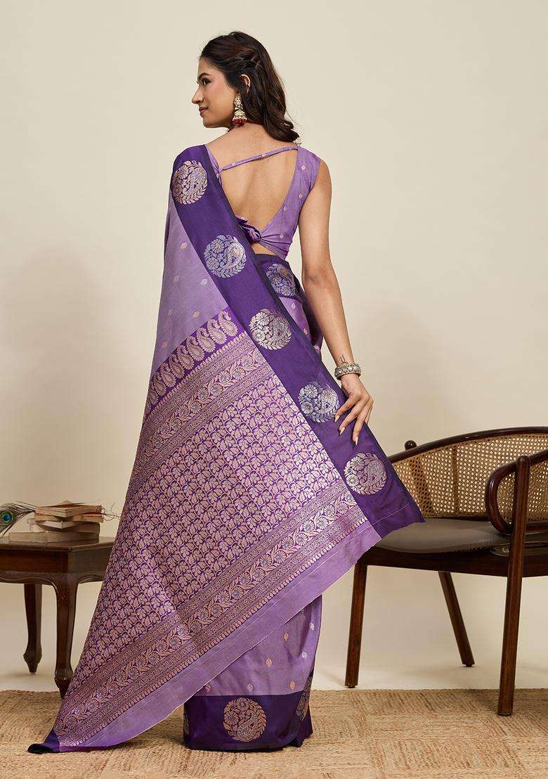 Purple Zari Work Silk Blend Saree Set for Diwali and Festive Wear - Indya