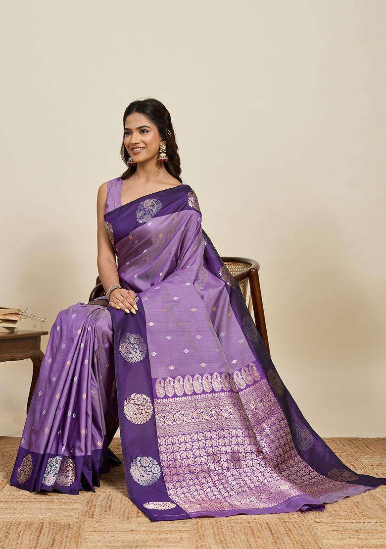 Purple Zari Work Silk Blend Saree Set for Diwali and Festive Wear - Indya