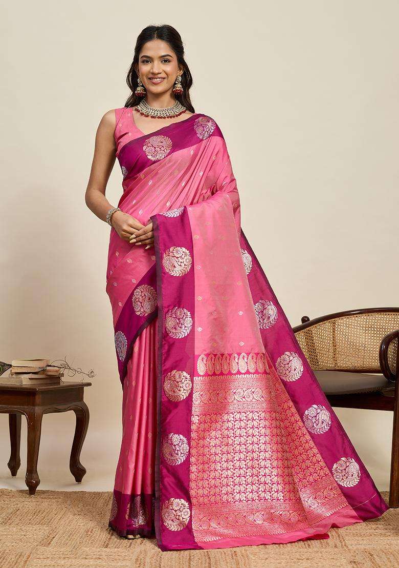 Pink Silk Blend Saree Set with Zari Work for Diwali | Wedding & Festive Wear - Indya