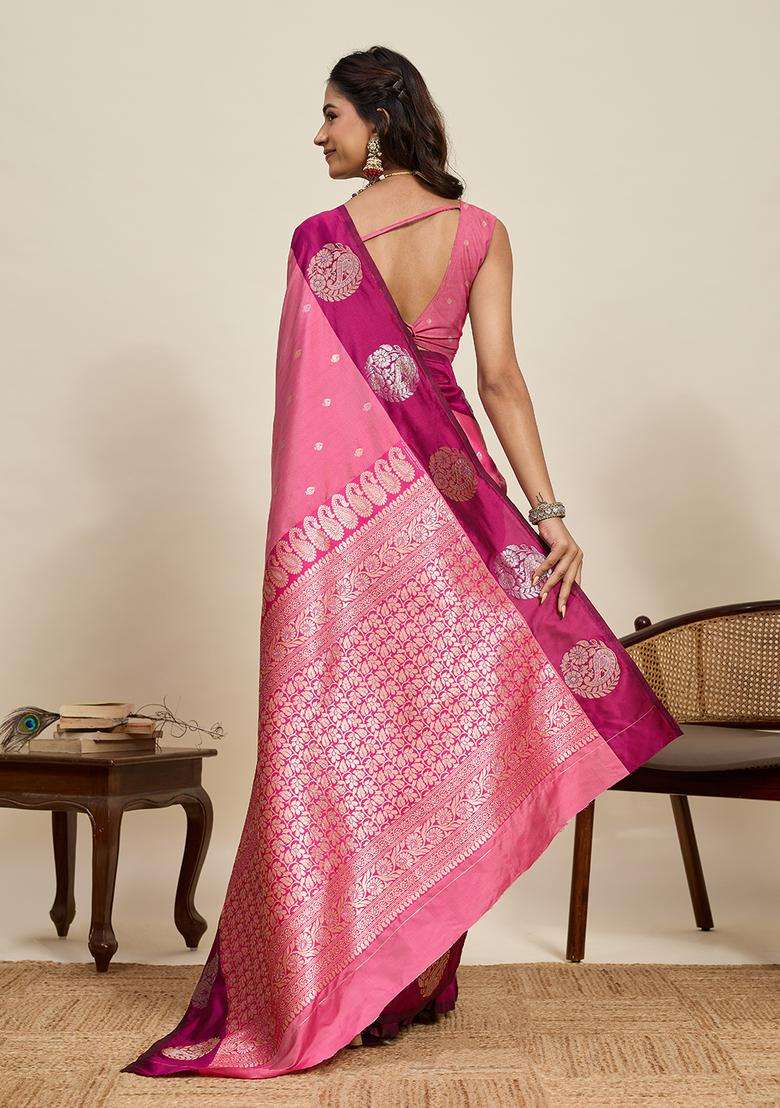 Pink Silk Blend Saree Set with Zari Work for Diwali | Wedding & Festive Wear - Indya