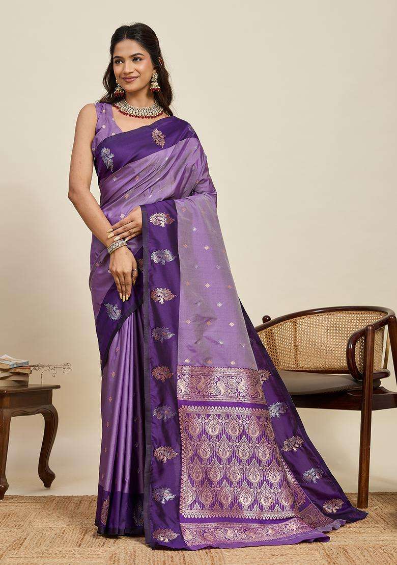 Purple Zari Work Silk Blend Saree Set for Diwali and Festive Wear - Indya