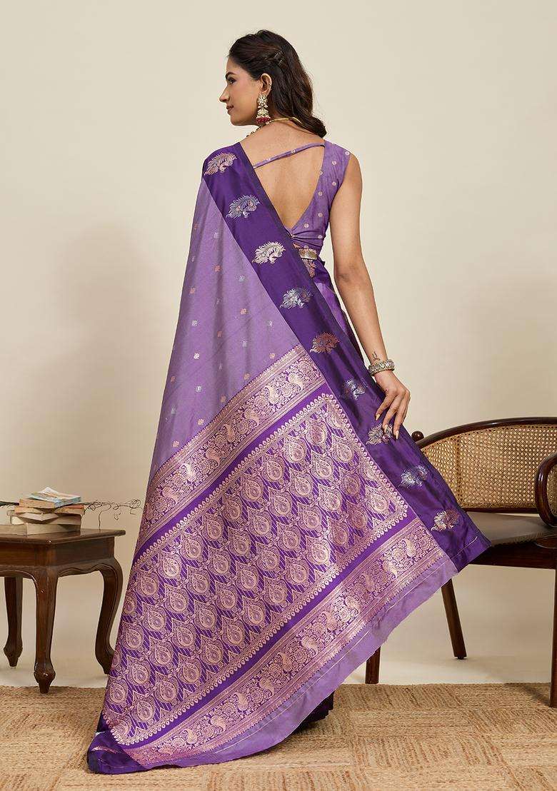 Purple Zari Work Silk Blend Saree Set for Diwali and Festive Wear - Indya