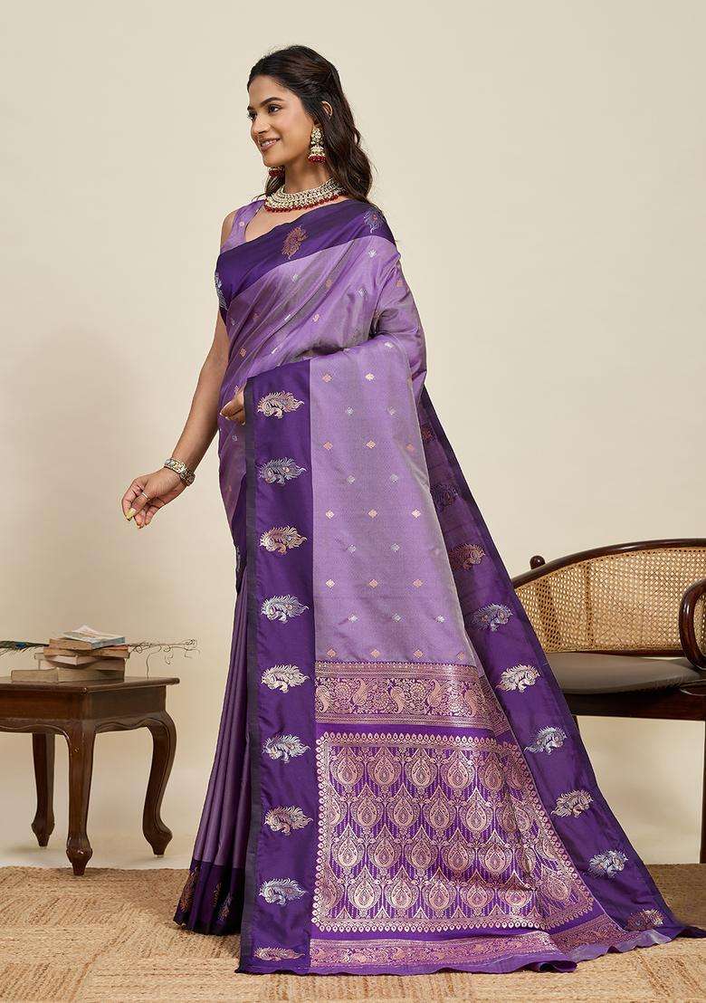Purple Zari Work Silk Blend Saree Set for Diwali and Festive Wear - Indya