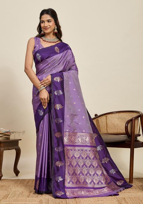 Purple Zari Work Silk Saree Set