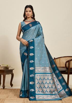 BLUE Zari Work Silk Blend Saree Set