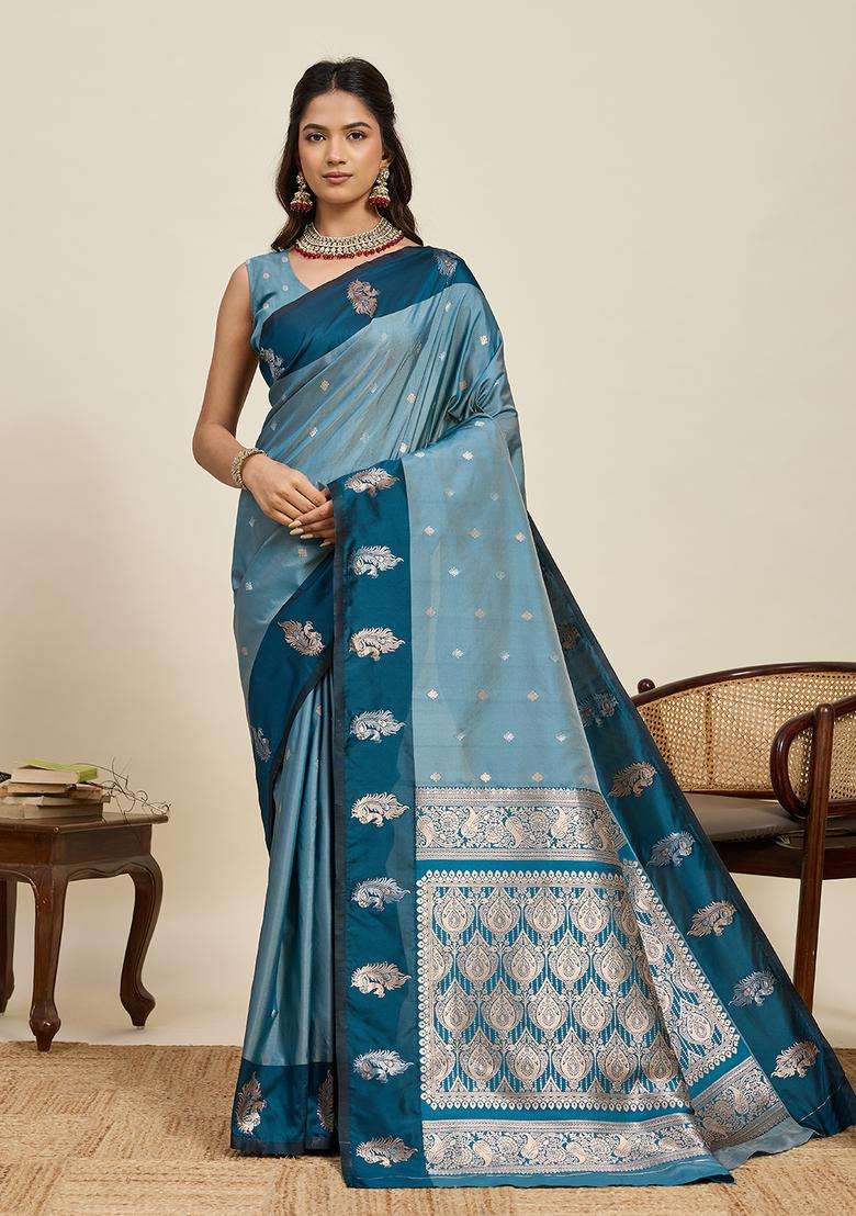 BLUE Silk Blend Saree Set with Zari Work for Diwali | Wedding & Festive Wear - Indya