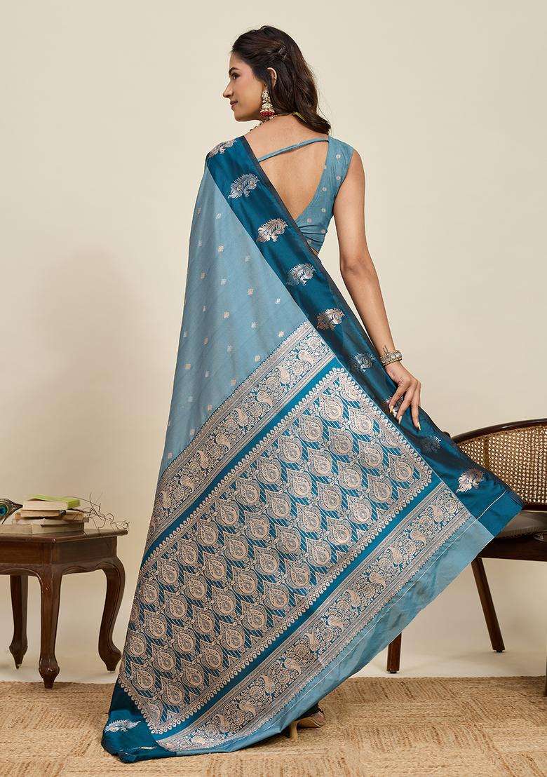 BLUE Silk Blend Saree Set with Zari Work for Diwali | Wedding & Festive Wear - Indya