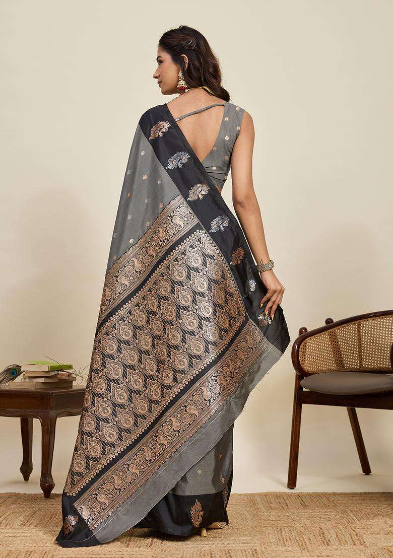 BLACK Zari Work Silk Blend Saree Set for Diwali and Festive Wear - Indya