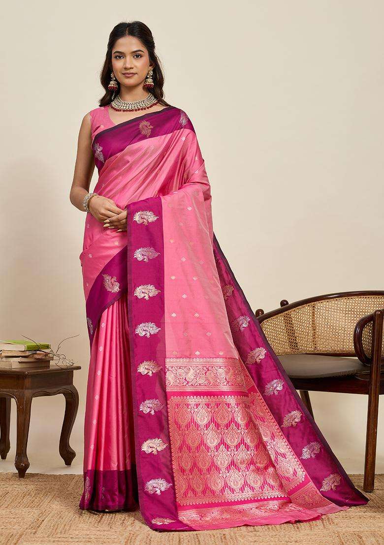 Pink Zari Work Silk Blend Saree Set for Diwali and Festive Wear - Indya