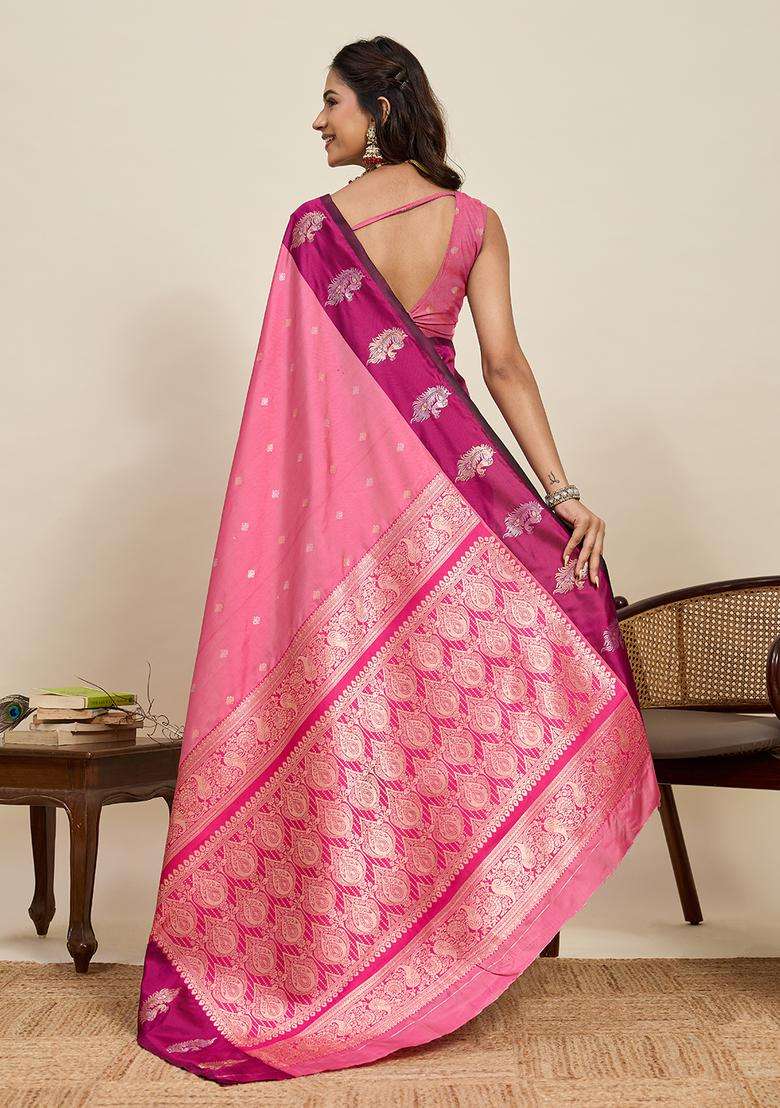Pink Zari Work Silk Blend Saree Set for Diwali and Festive Wear - Indya