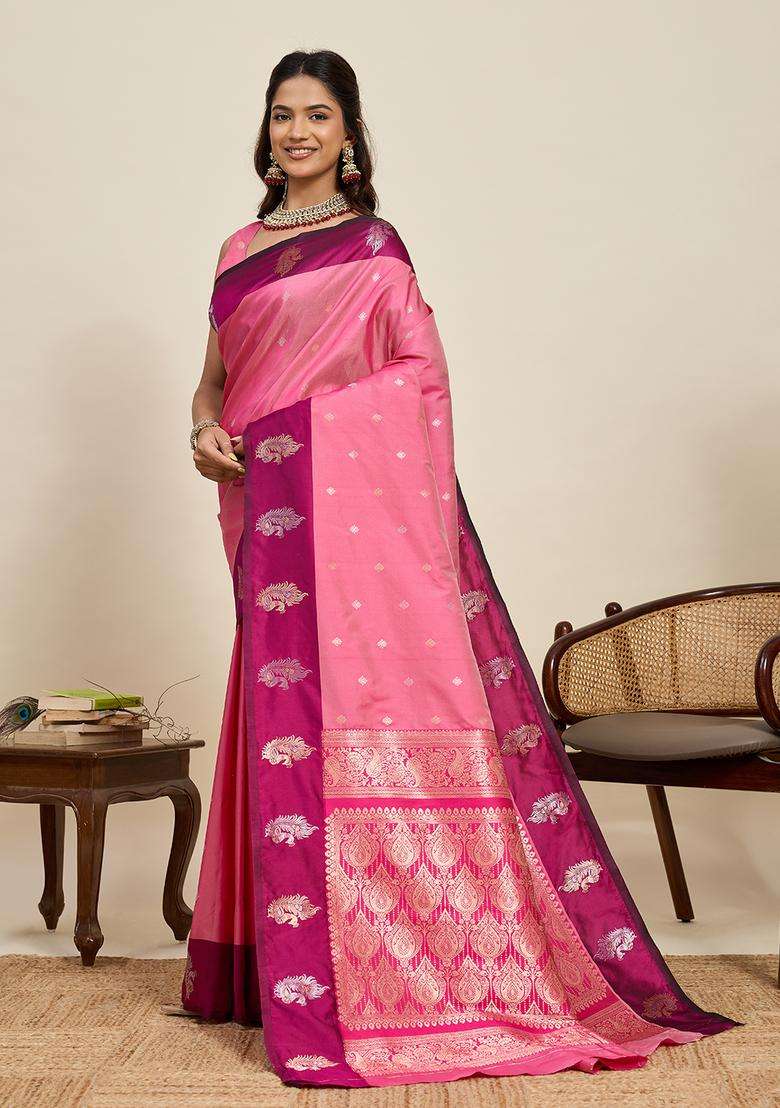 Pink Zari Work Silk Blend Saree Set for Diwali and Festive Wear - Indya