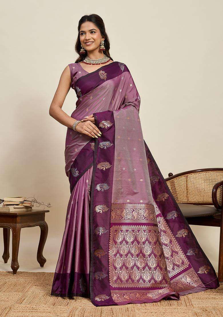 WINE Zari Work Silk Blend Saree Set for Diwali and Festive Wear - Indya