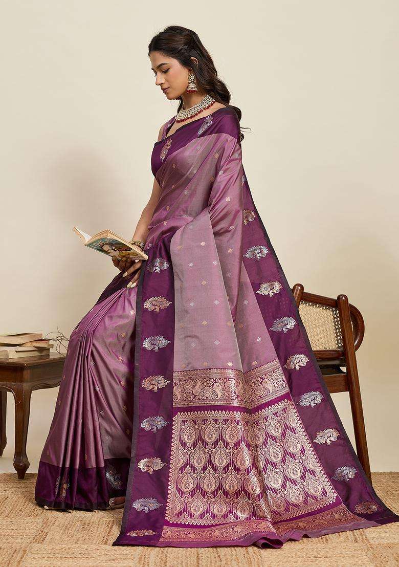 WINE Zari Work Silk Blend Saree Set for Diwali and Festive Wear - Indya