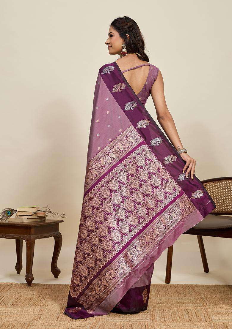 WINE Zari Work Silk Blend Saree Set for Diwali and Festive Wear - Indya