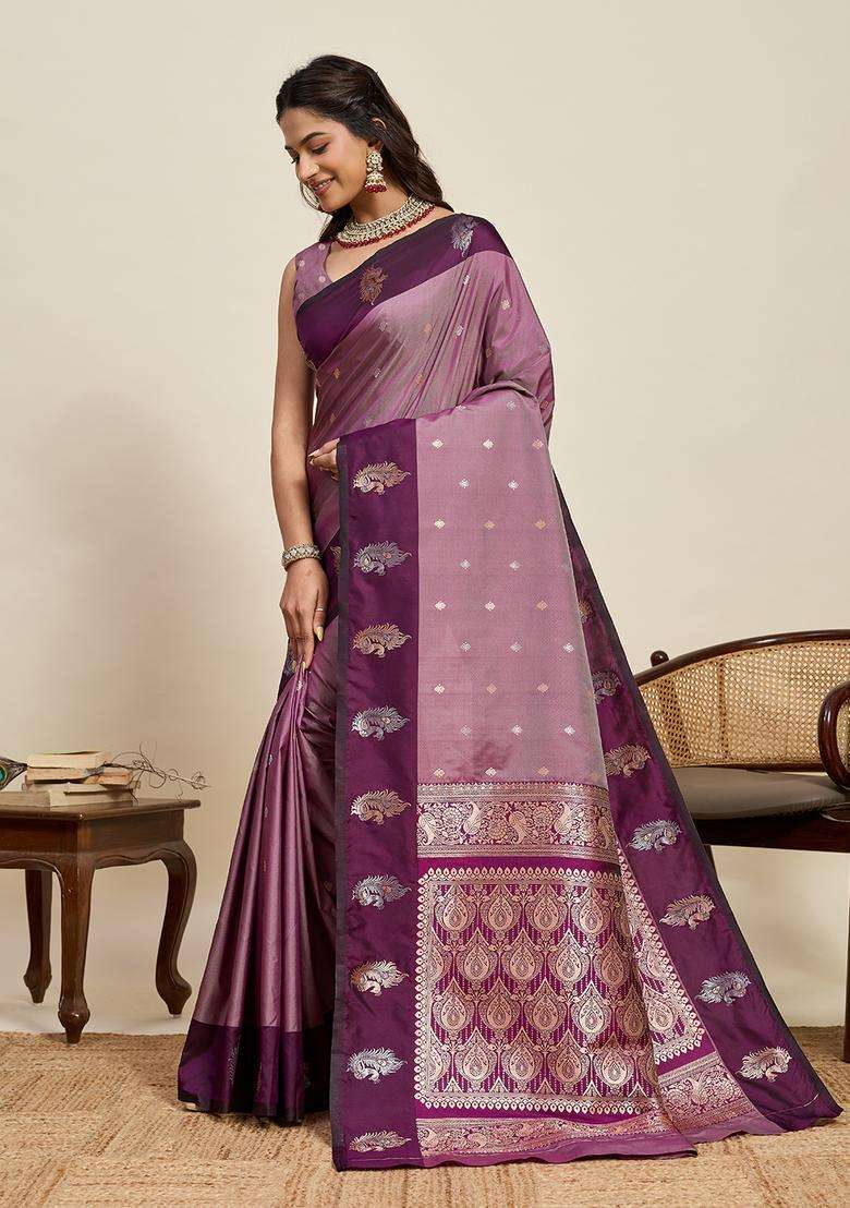 WINE Zari Work Silk Blend Saree Set for Diwali and Festive Wear - Indya