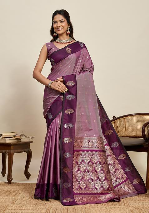 WINE Zari Work Silk Saree Set