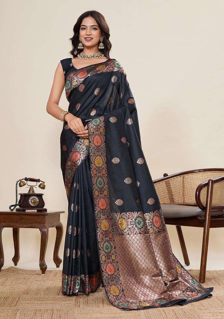 black Zari Work Jacquard Saree Set - Indya