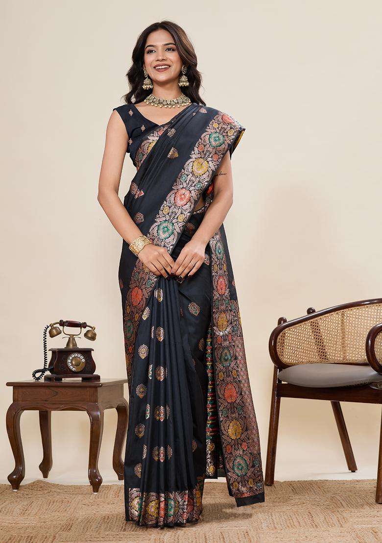 black Zari Work Jacquard Saree Set - Indya