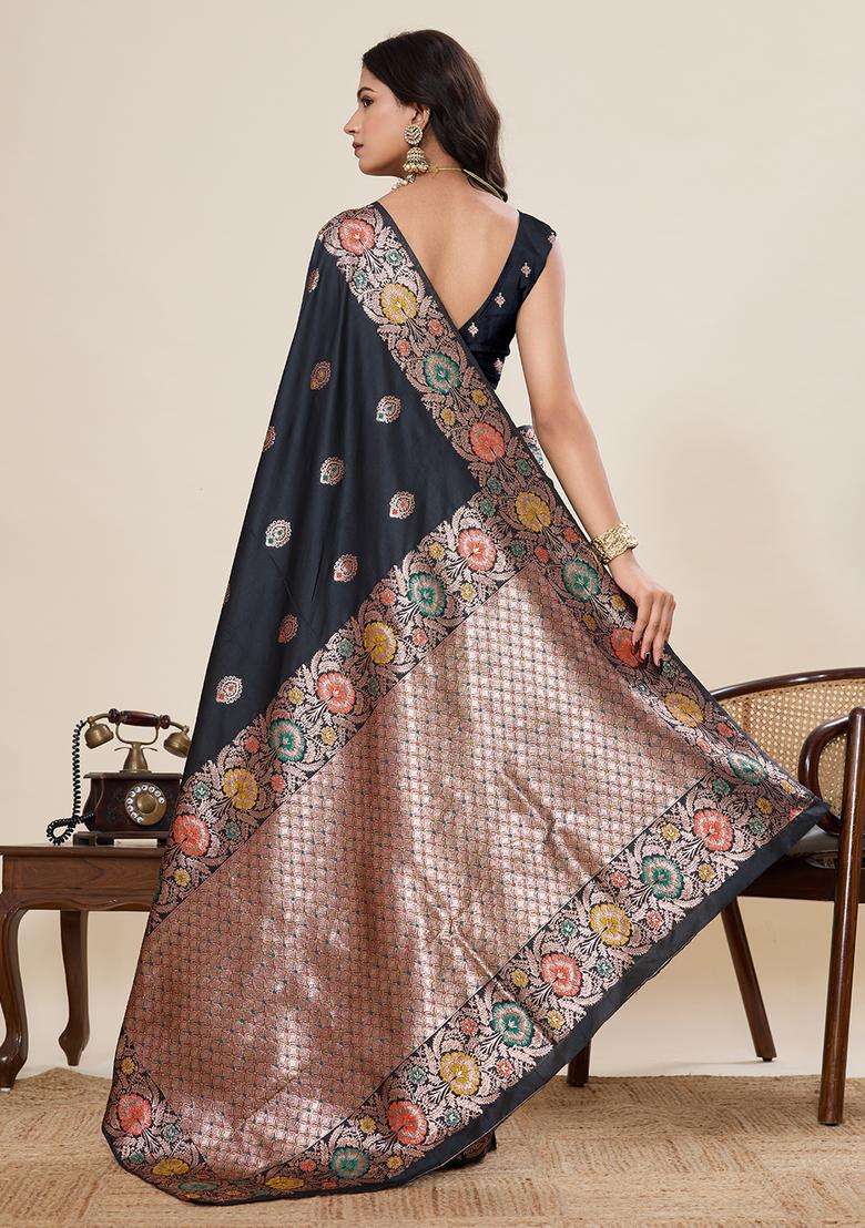 black Zari Work Jacquard Saree Set - Indya