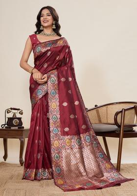wine Zari Work Jacquard Saree Set