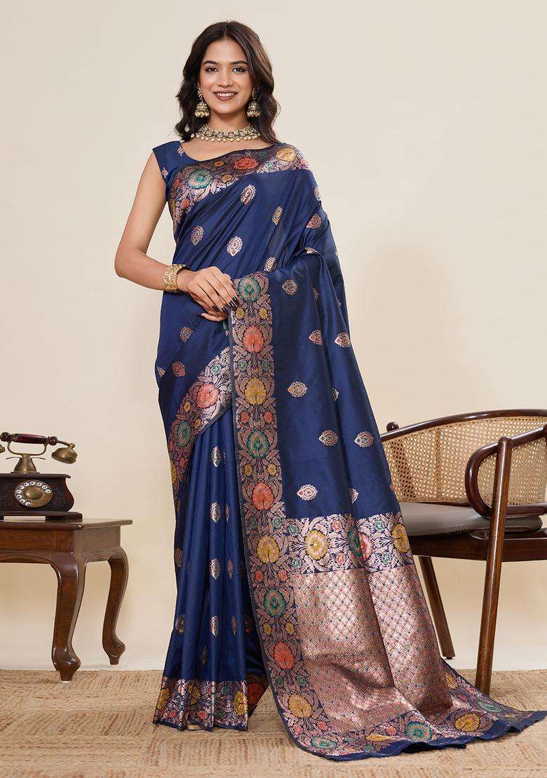 navy blue Zari Work Jacquard Saree Set - Indya