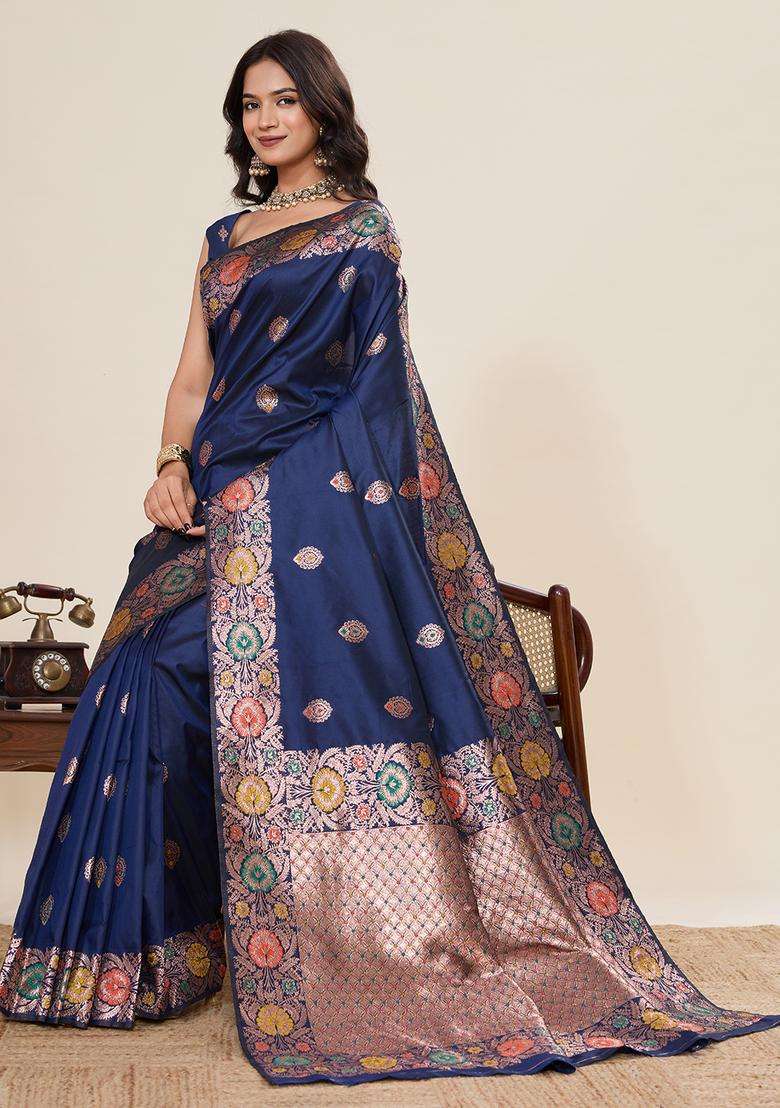 navy blue Zari Work Jacquard Saree Set - Indya
