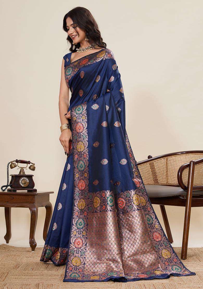navy blue Zari Work Jacquard Saree Set - Indya