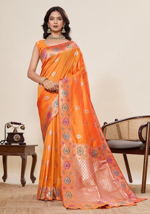 yellow Zari Work Jacquard Saree Set