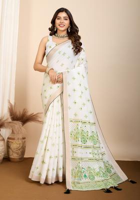 white Printed Cotton Saree Set