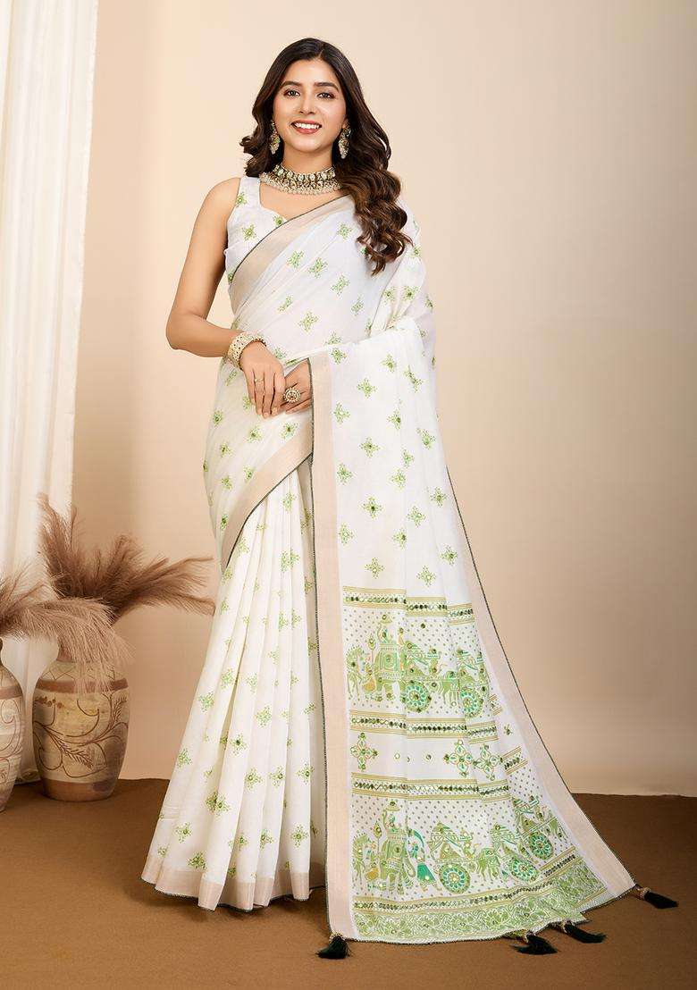 white Printed Cotton Saree Set - Indya
