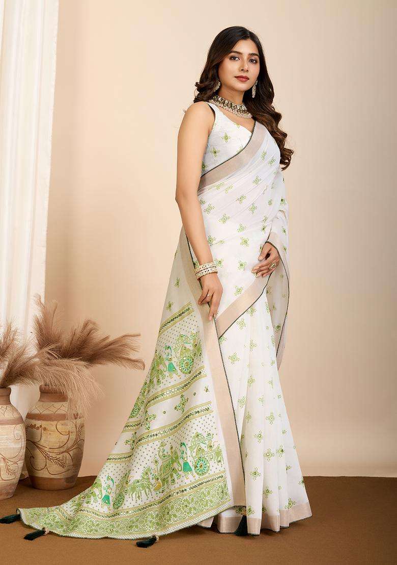 white Printed Cotton Saree Set - Indya