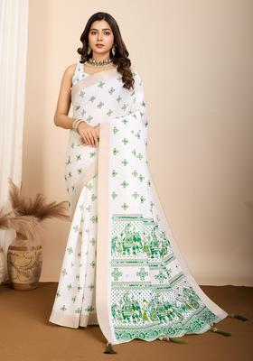 Green Printed Cotton Saree Set
