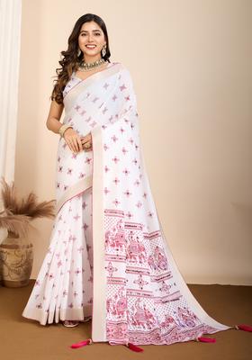 Pink Printed Cotton Saree Set
