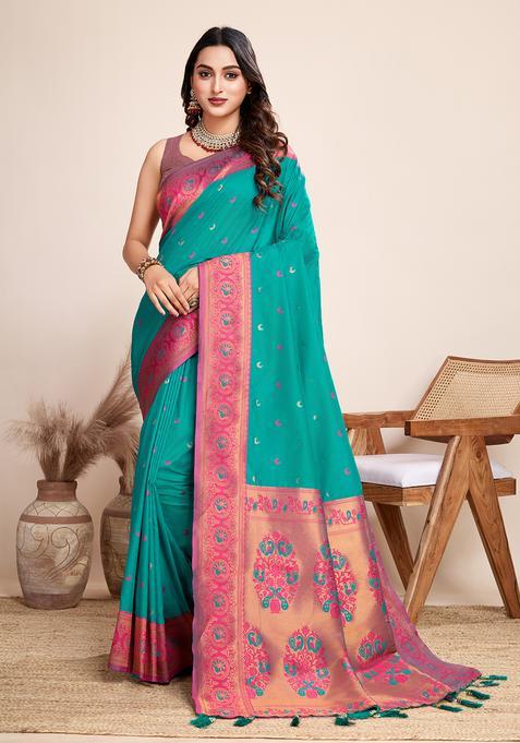 Sky Blue Zari Work Jacquard Saree Set
