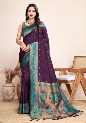 Beige Zari Work Jacquard Saree Set
