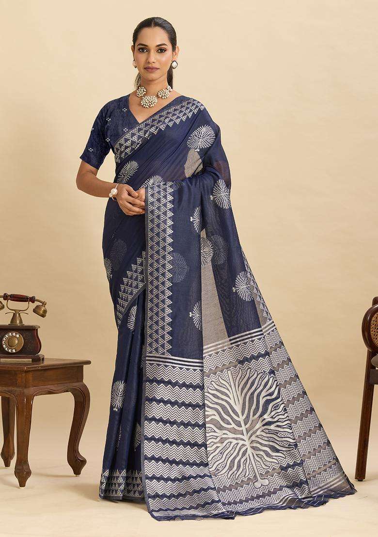 navy blue Weaving Work Silk Saree Set - Indya