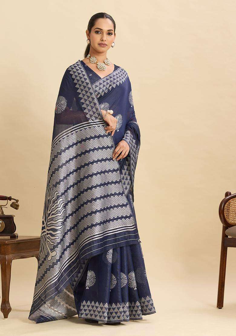 navy blue Weaving Work Silk Saree Set - Indya