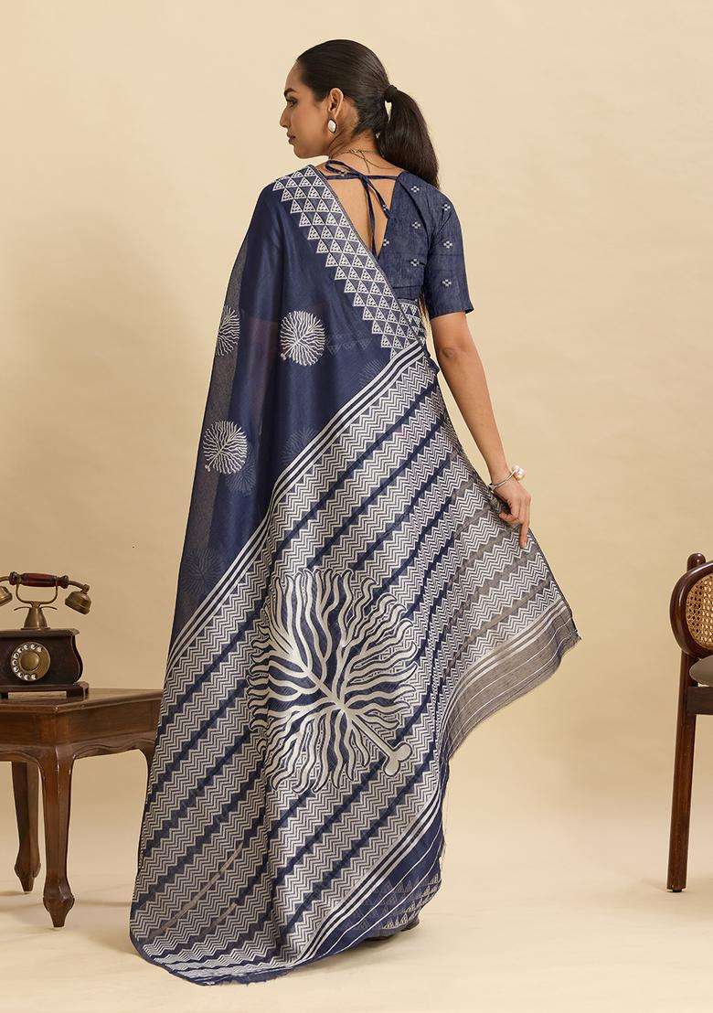 navy blue Weaving Work Silk Saree Set - Indya