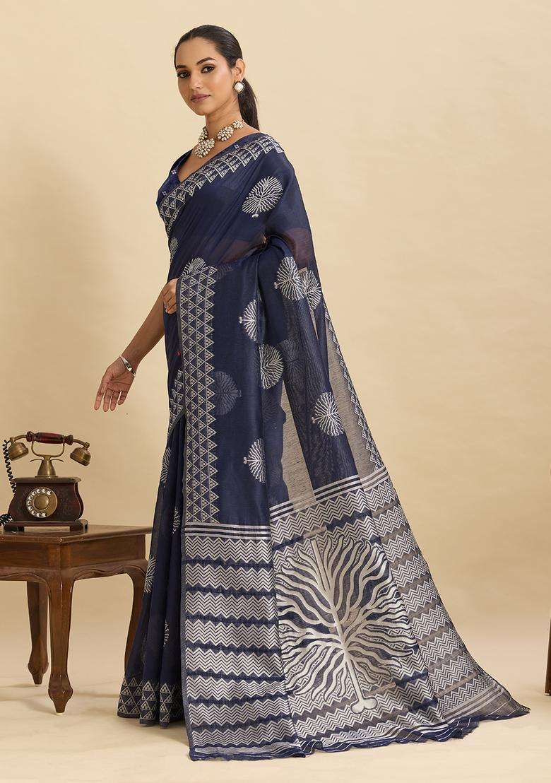 navy blue Weaving Work Silk Saree Set - Indya