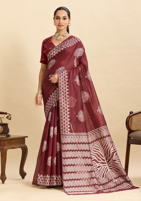 maroon Weaving Work Silk Saree Set