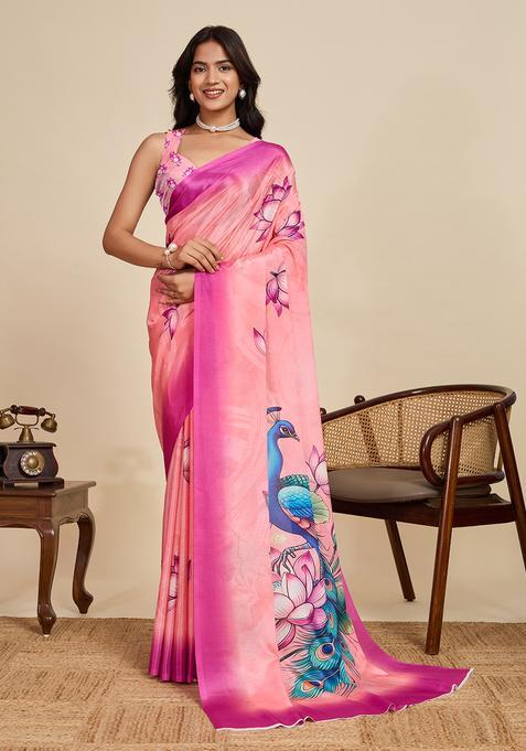 Pink Printed Chinnon Saree Set
