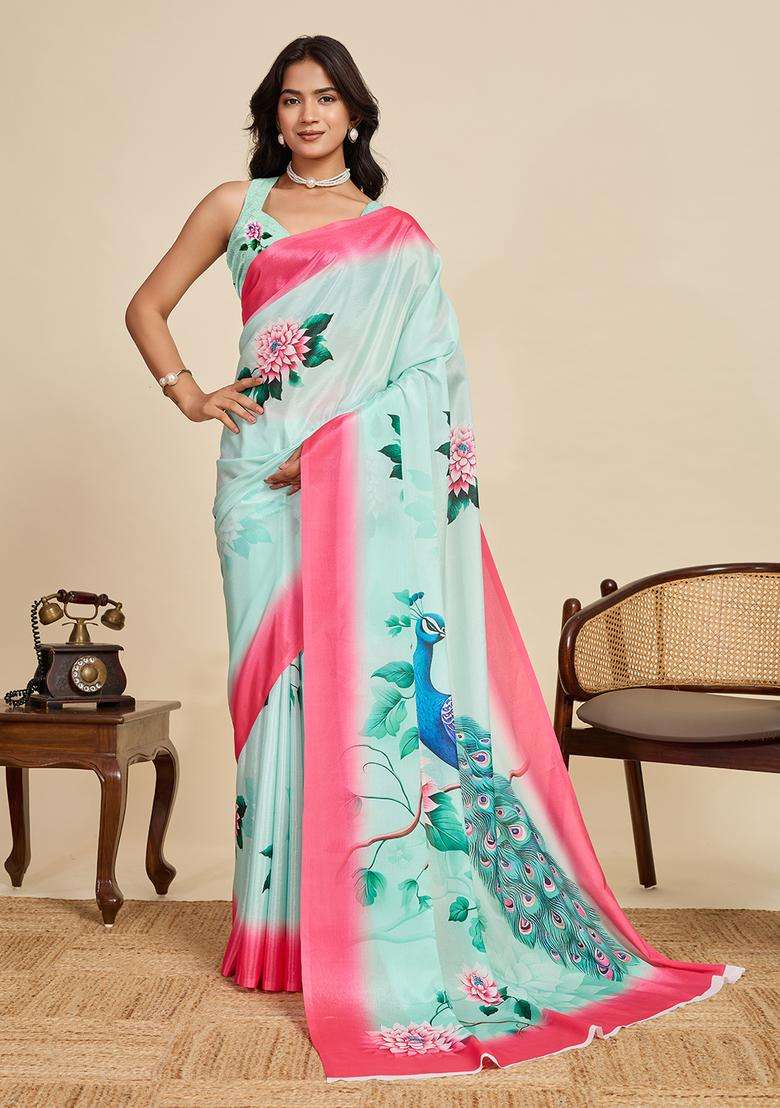 light peach Printed Chinnon Saree Set - Indya