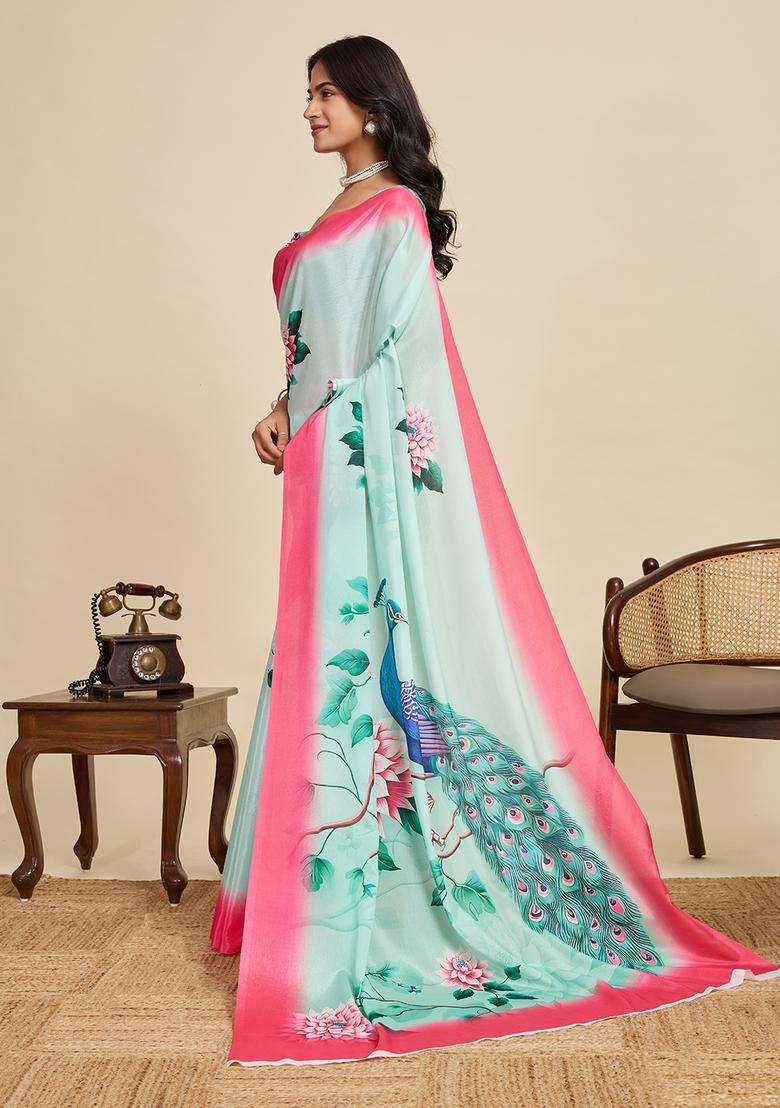 light peach Printed Chinnon Saree Set - Indya