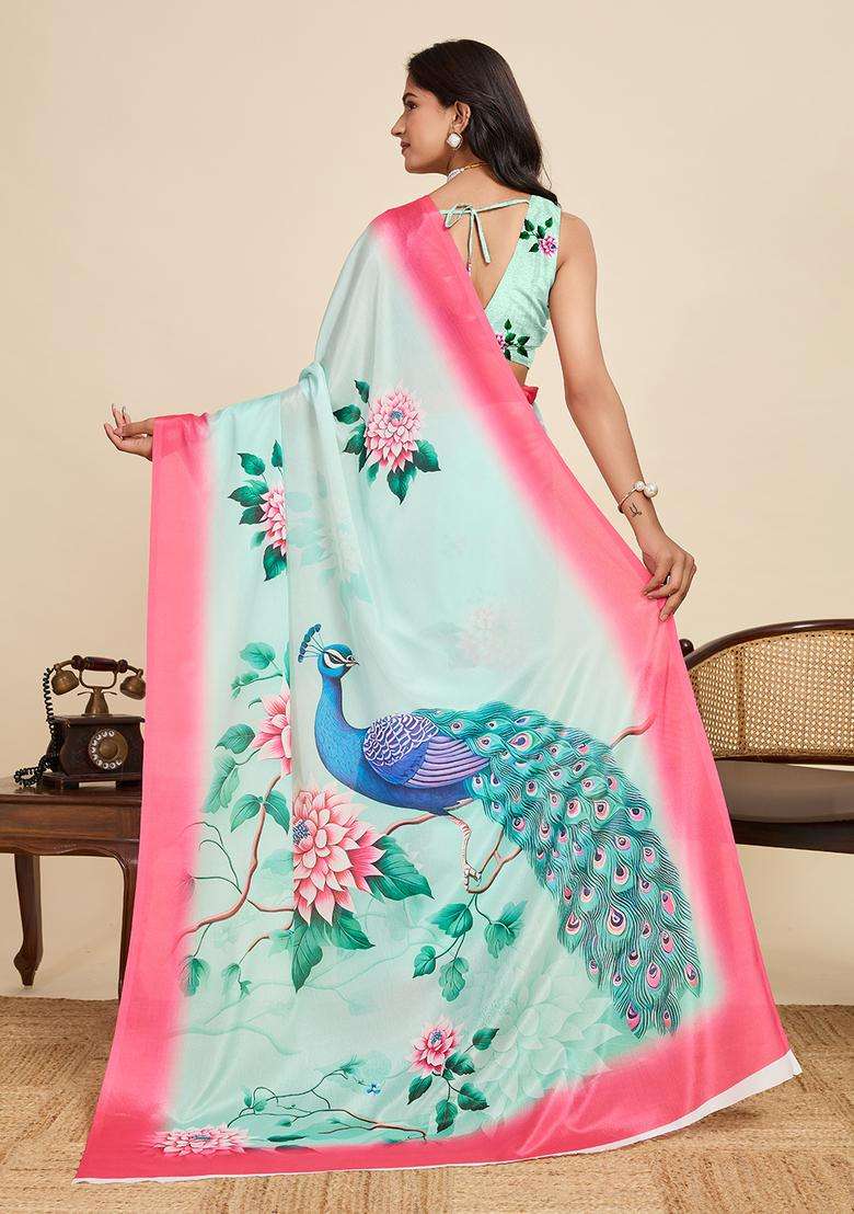 light peach Printed Chinnon Saree Set - Indya